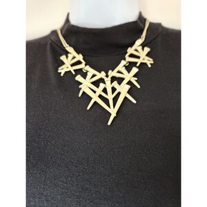 Goth or Whimsy Nail Statement Necklace Gold Tone Bib 15 in. & Pendant Industrial